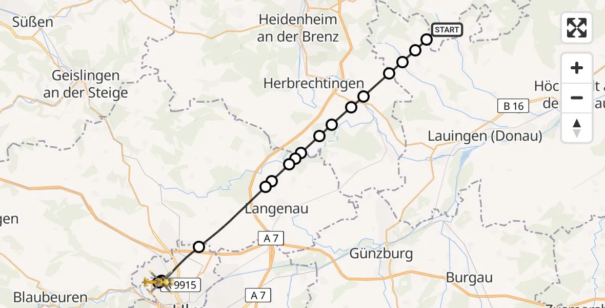 Flugroute Rettungshubschrauber Dischingen - ADAC Air Rescue Station Ulm (Christoph 22), 23 Juli 2026, 19:04