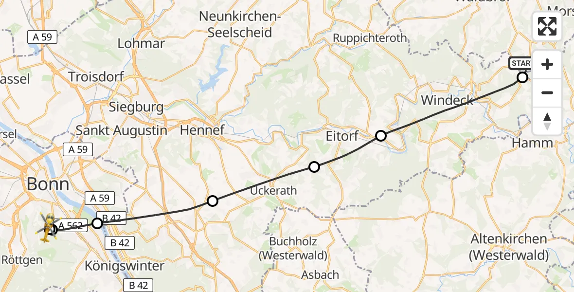 Flugroute Rettungshubschrauber Morsbach - Bonn University Hospital, 23 Juli 2026, 19:12
