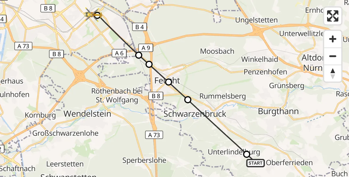 Flugroute Ambulanzhubschrauber Burgthann - Nürnberg South Hospital, 23 Juli 2026, 19:14