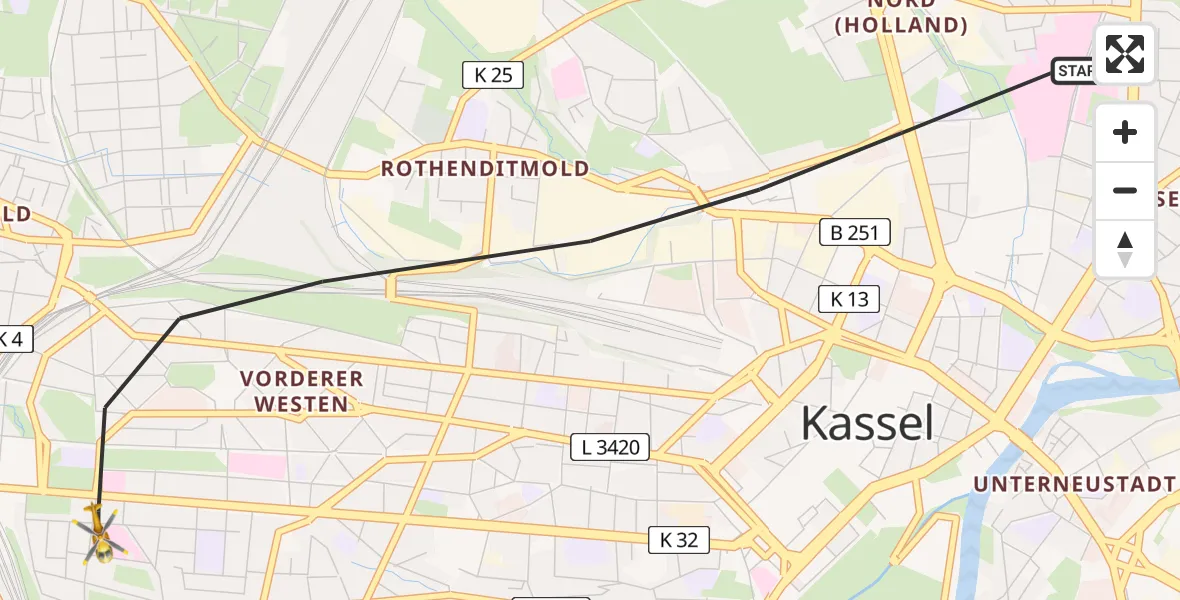 Flugroute Rettungshubschrauber Kassel - Kassel, 23 Juli 2026, 19:20