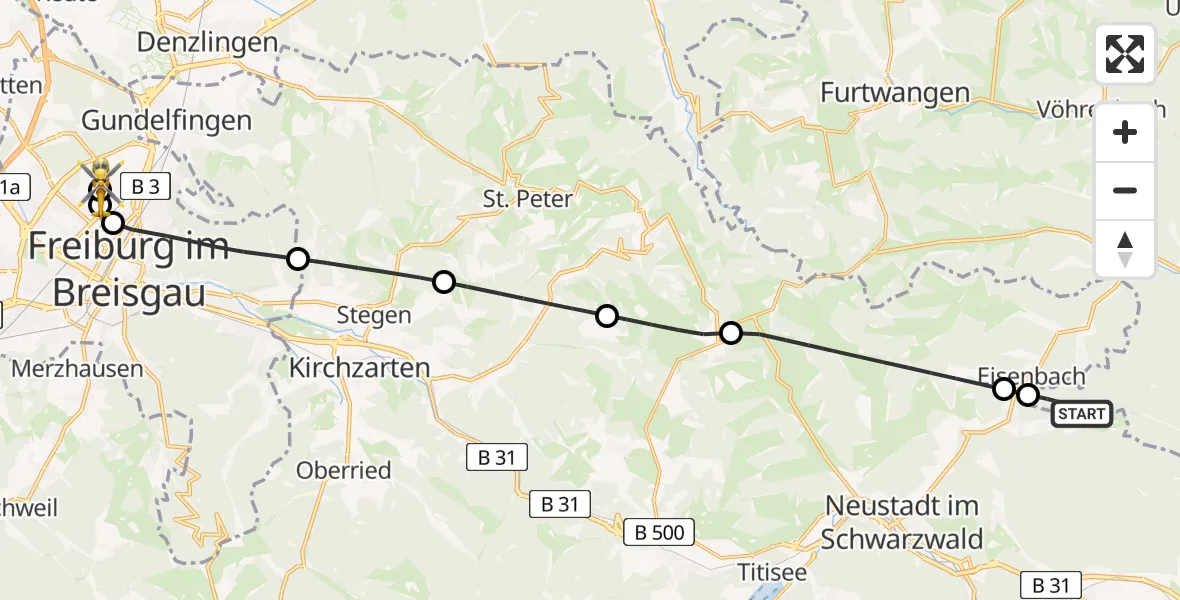 Flugroute Ambulanzhubschrauber Bräunlingen - Freiburg im Breisgau Flugplatz, 23 Juli 2026, 19:21