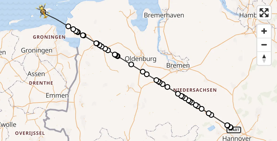 Flugroute Rettungshubschrauber Flughafen Hannover - Borkum Island Hospital Hubschrauberlandeplatz, 23 Juli 2026, 19:26