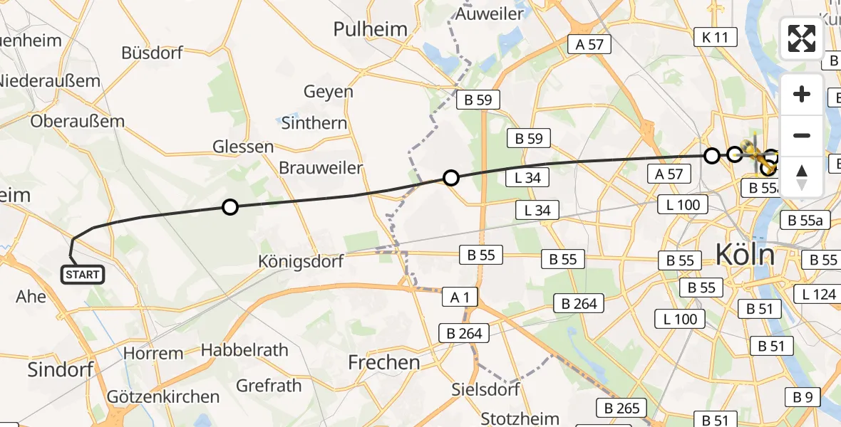 Flugroute Rettungshubschrauber Bergheim - Amsterdam Street Children's Hospital, 23 Juli 2026, 19:28