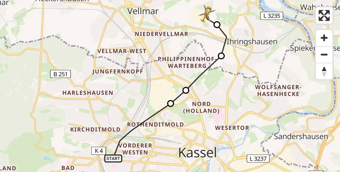 Flugroute Rettungshubschrauber Kassel - Fuldatal Bundespolizei Hubschrauberlandeplatz, 23 Juli 2026, 19:32