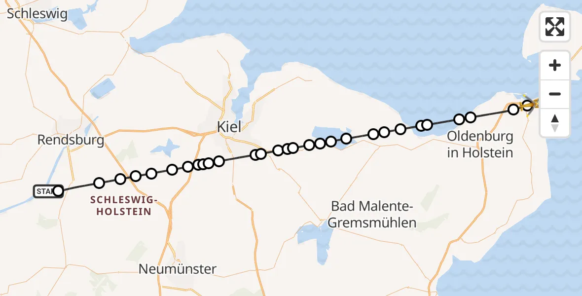 Flugroute Ambulanzhubschrauber Hörsten - Großenbrode, 23 Juli 2026, 19:33
