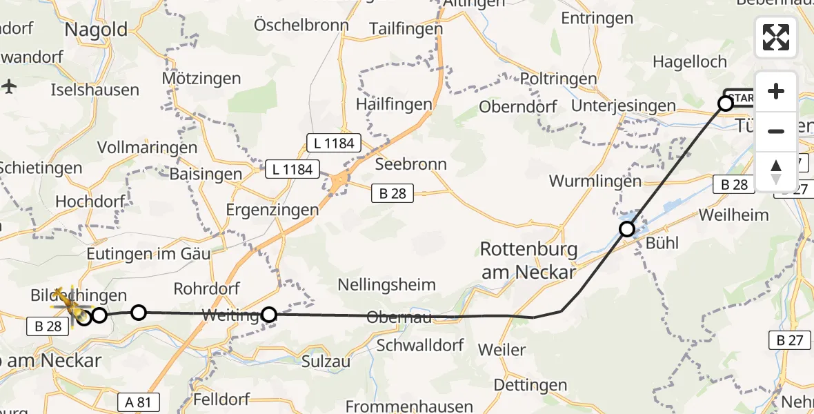 Flugroute Ambulanzhubschrauber Tübingen University Hospital - Horb am Neckar, 23 Juli 2026, 19:35