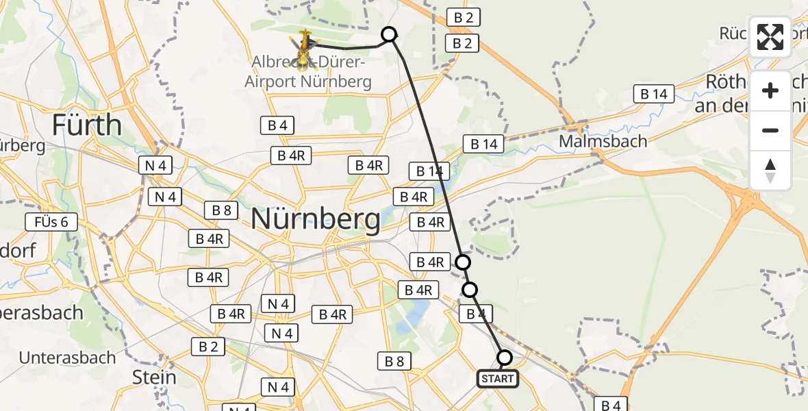 Flugroute Ambulanzhubschrauber Nürnberg South Hospital - Flughafen Nuremberg, 23 Juli 2026, 19:35