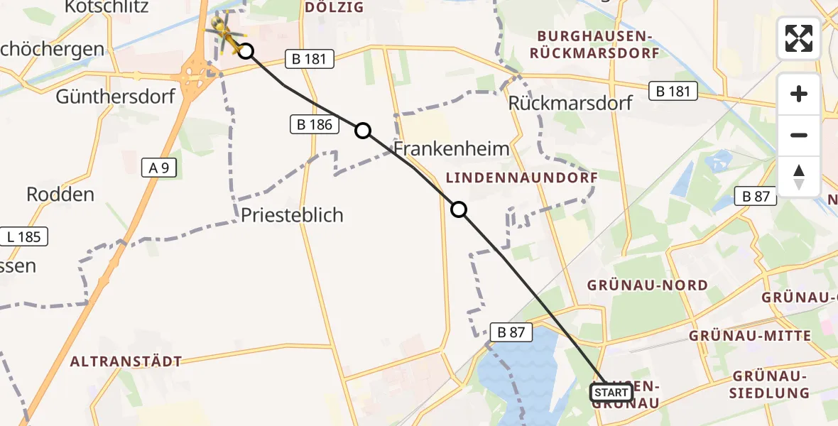 Flugroute Rettungshubschrauber Leipzig - ADAC Air Rescue Station Leipzig/Schkeuditz-Dölzig Hubschrauberlandeplatz (Christoph 61), 23 Juli 2026, 19:51