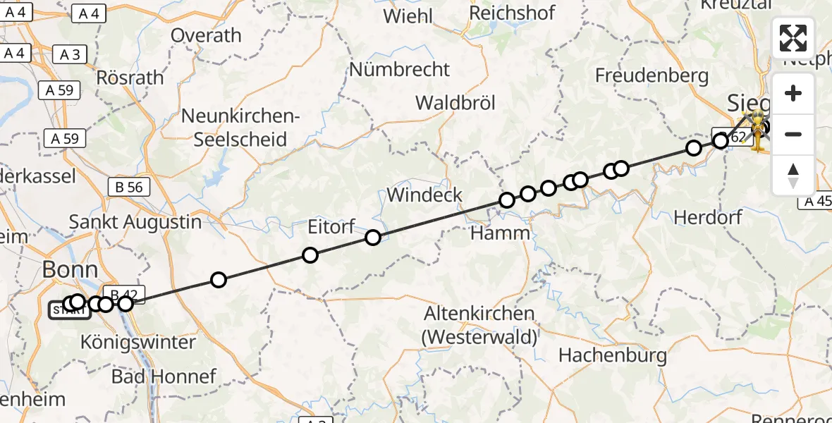 Flugroute Rettungshubschrauber Bonn University Hospital - Evangelisches Jung-Stilling Hospital, 23 Juli 2026, 19:59