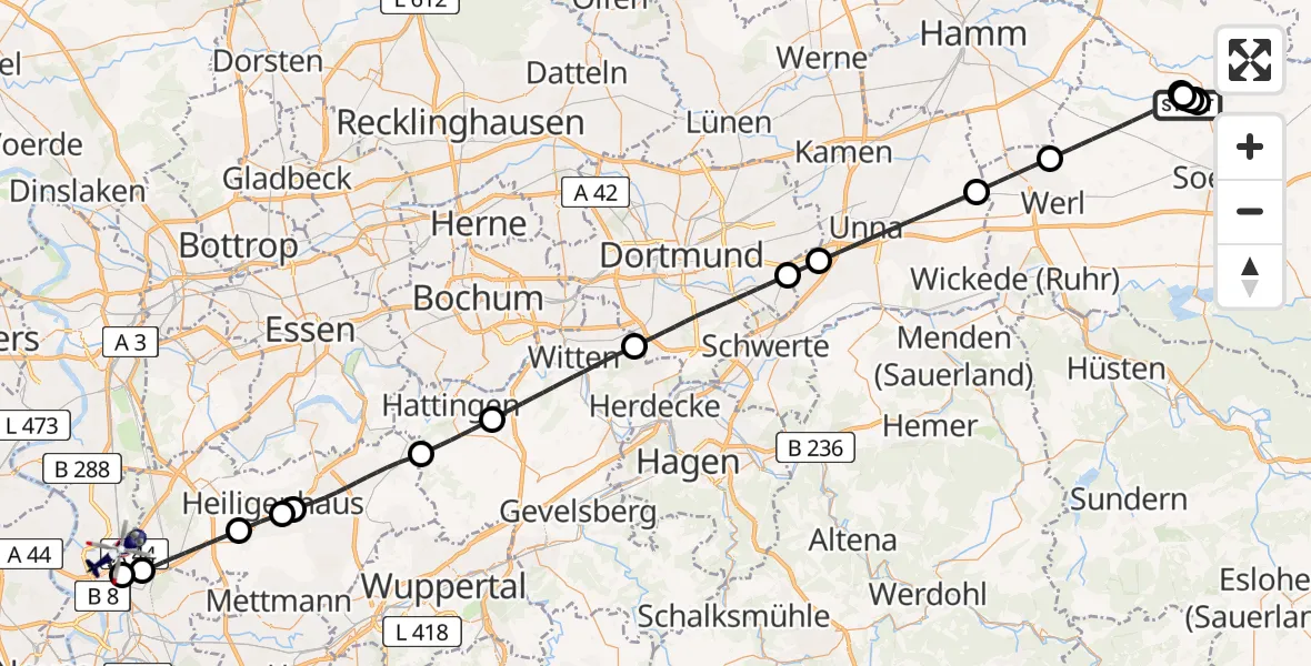 Flugroute Polizeihubschrauber Welver - Düsseldorf Flughafen, 23 Juli 2026, 20:06