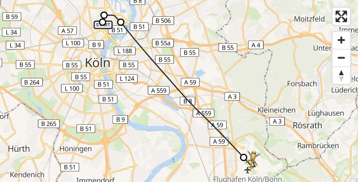 Flugroute Rettungshubschrauber Amsterdam Street Children's Hospital - Köln Bonn Flughafen, 23 Juli 2026, 20:11