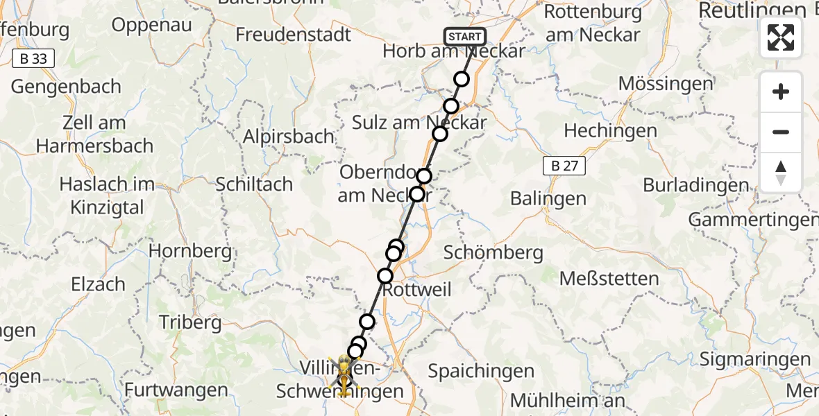 Flugroute Ambulanzhubschrauber Horb am Neckar - DRF Air Rescue Station Villingen-Schwenningen Hubschrauberlandeplatz (Christoph 11), 23 Juli 2026, 20:11