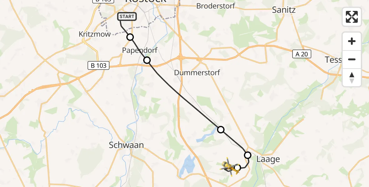 Flugroute Rettungshubschrauber Rostock - Flughafen Rostock-Laage, 23 Juli 2026, 20:11