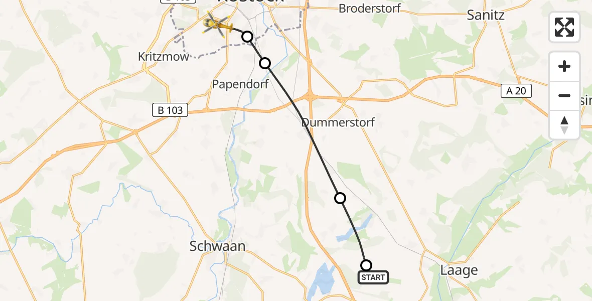 Flugroute Rettungshubschrauber Flughafen Rostock-Laage - Rostock, 23 Juli 2026, 20:38