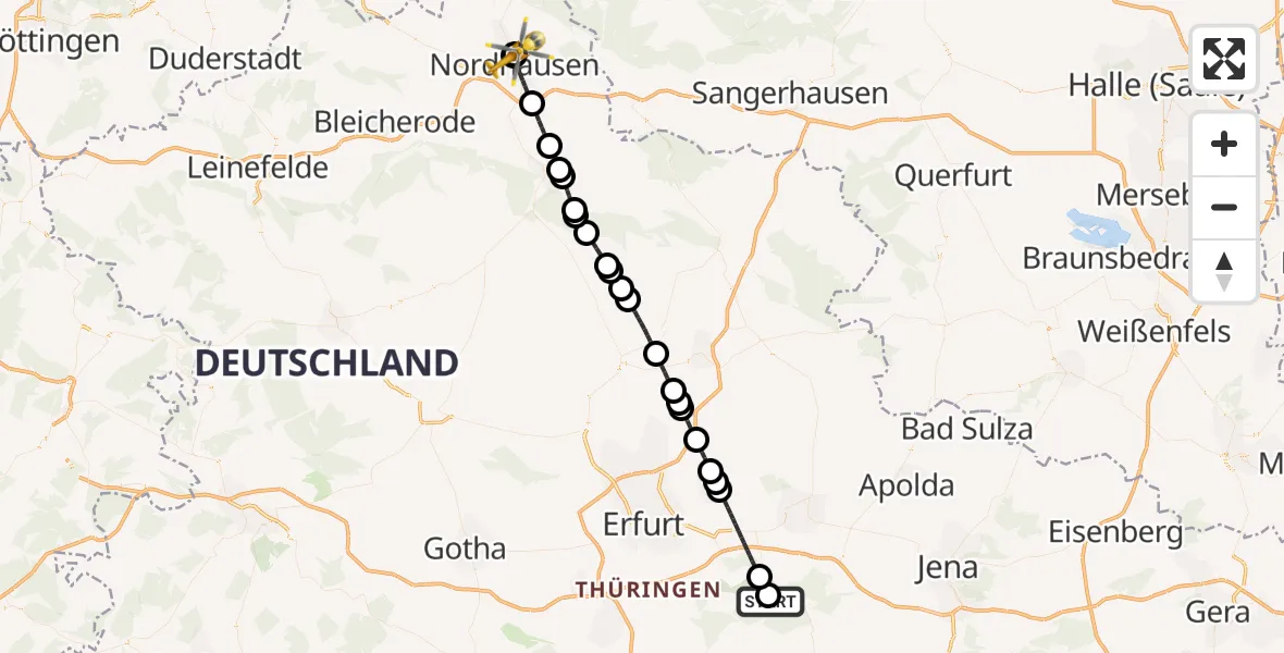 Flugroute Ambulanzhubschrauber Bad Berka Central Hospital - Südharz Hospital Nordhausen, 23 Juli 2026, 20:44