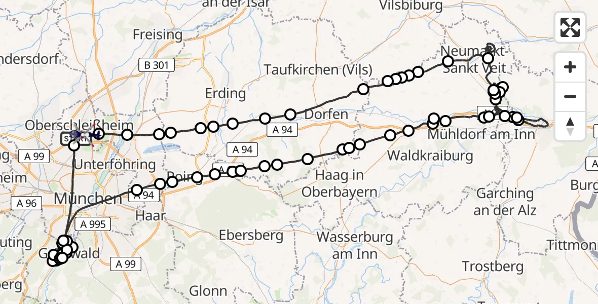 Flugroute Polizeihubschrauber Oberschleißheim - Oberschleissheim Hubschrauberlandeplatz, 23 Juli 2026, 20:59