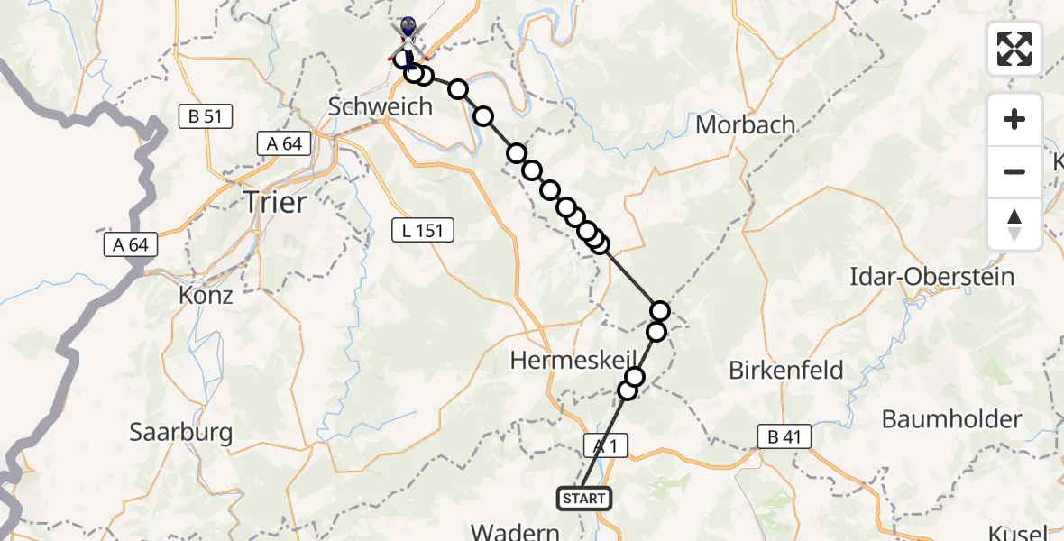 Flugroute Polizeihubschrauber Nonnweiler - Föhren, 23 Juli 2026, 21:12