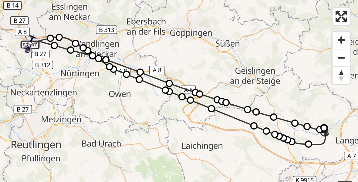 Flugroute Polizeihubschrauber Flughafen Stuttgart - Flughafen Stuttgart, 23 Juli 2026, 21:32