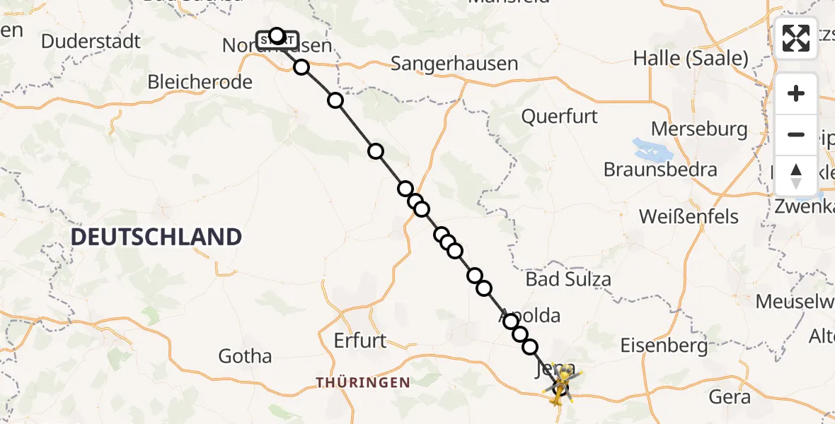 Flugroute Ambulanzhubschrauber Südharz Hospital Nordhausen - Lobeda Hubschrauberlandeplatz, 23 Juli 2026, 21:45