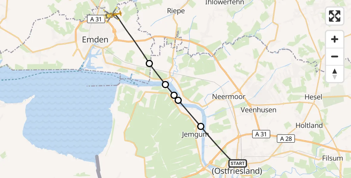 Flugroute Rettungshubschrauber Leer (Ostfriesland) - Emden, 23 Juli 2026, 21:47