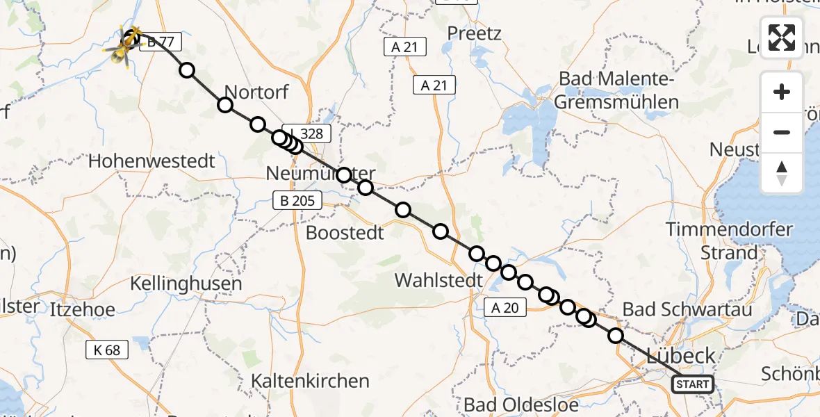 Flugroute Ambulanzhubschrauber Lübeck - Rendsburg-Schachtholm Flugplatz, 23 Juli 2026, 21:50