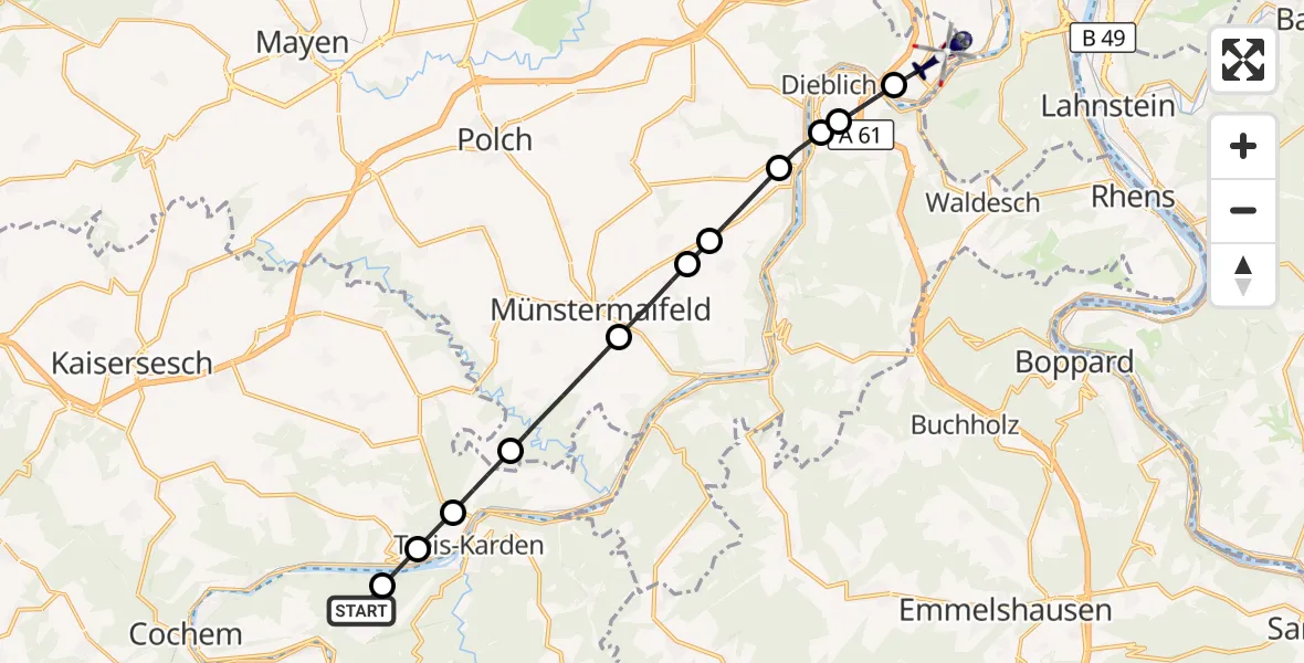 Flugroute Polizeihubschrauber Bruttig-Fankel - Koblenz-Winningen Flugplatz, 23 Juli 2026, 22:07