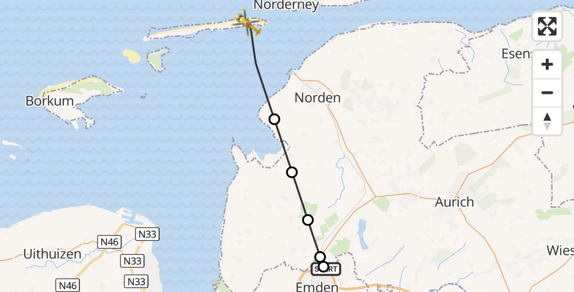 Flugroute Rettungshubschrauber Emden Flughafen - Noordzee, 23 Juli 2026, 22:18