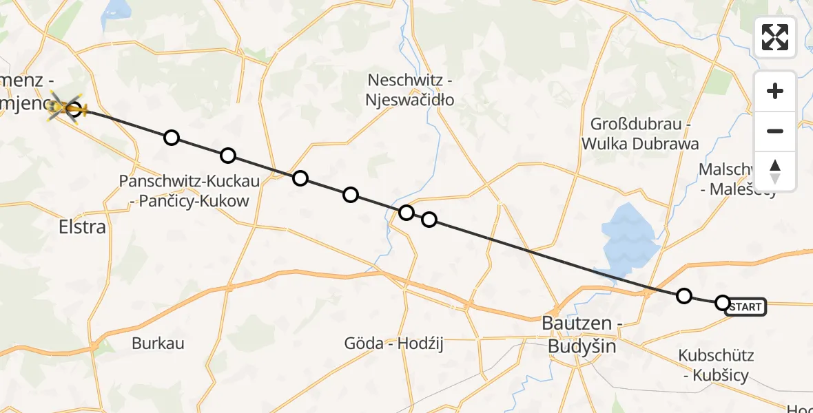 Flugroute Rettungshubschrauber Bautzen Flugplatz - Kamenz Hubschrauberlandeplatz, 23 Juli 2026, 22:37