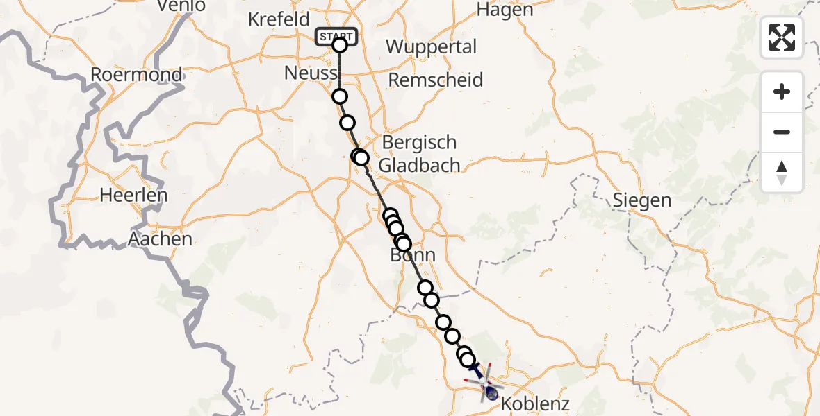 Flugroute Polizeihubschrauber Düsseldorf Flughafen - Plaidt, 23 Juli 2026, 22:39