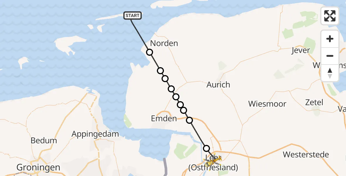 Flugroute Rettungshubschrauber Noordzee - Leer (Ostfriesland), 23 Juli 2026, 22:46