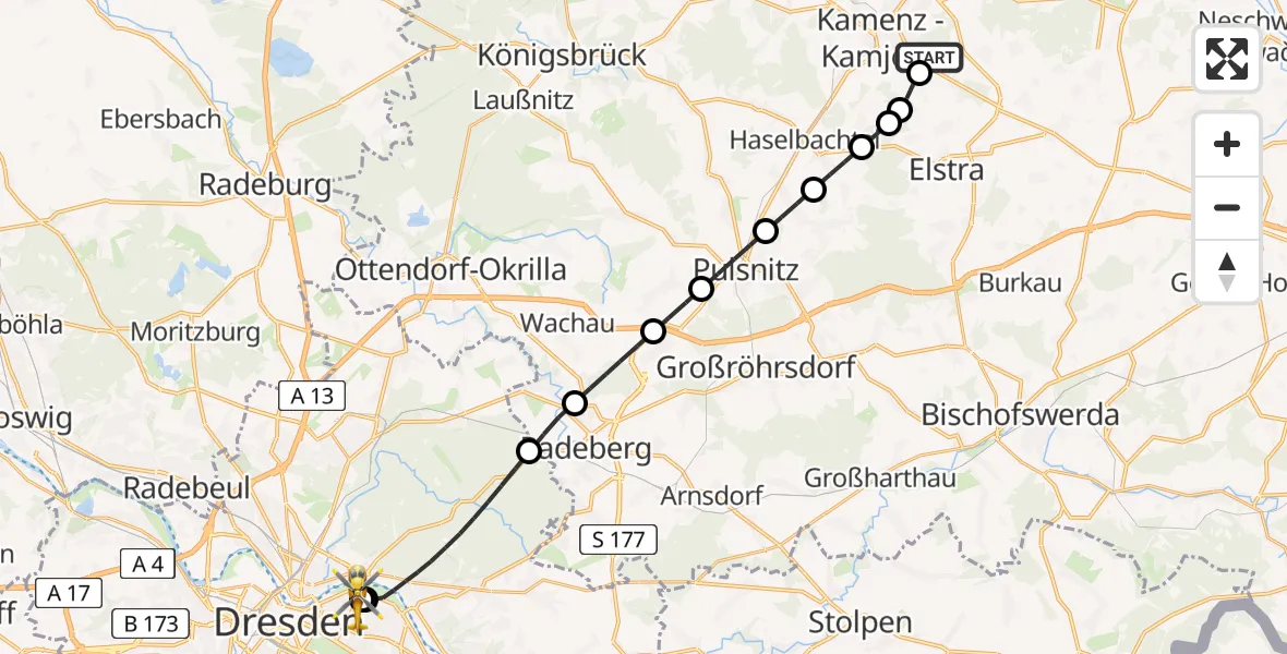 Flugroute Rettungshubschrauber Kamenz Hubschrauberlandeplatz - Dresden University Hospital, 23 Juli 2026, 23:07