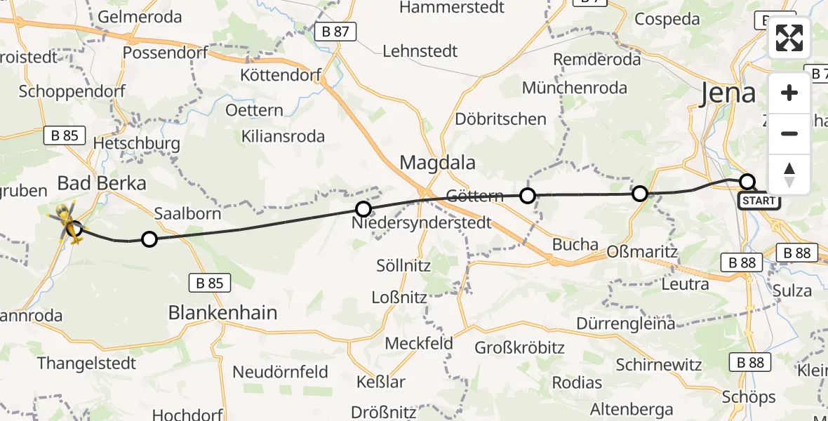 Flugroute Ambulanzhubschrauber Lobeda Hubschrauberlandeplatz - Bad Berka Zentralklinik Hubschrauberlandeplatz, 23 Juli 2026, 23:08