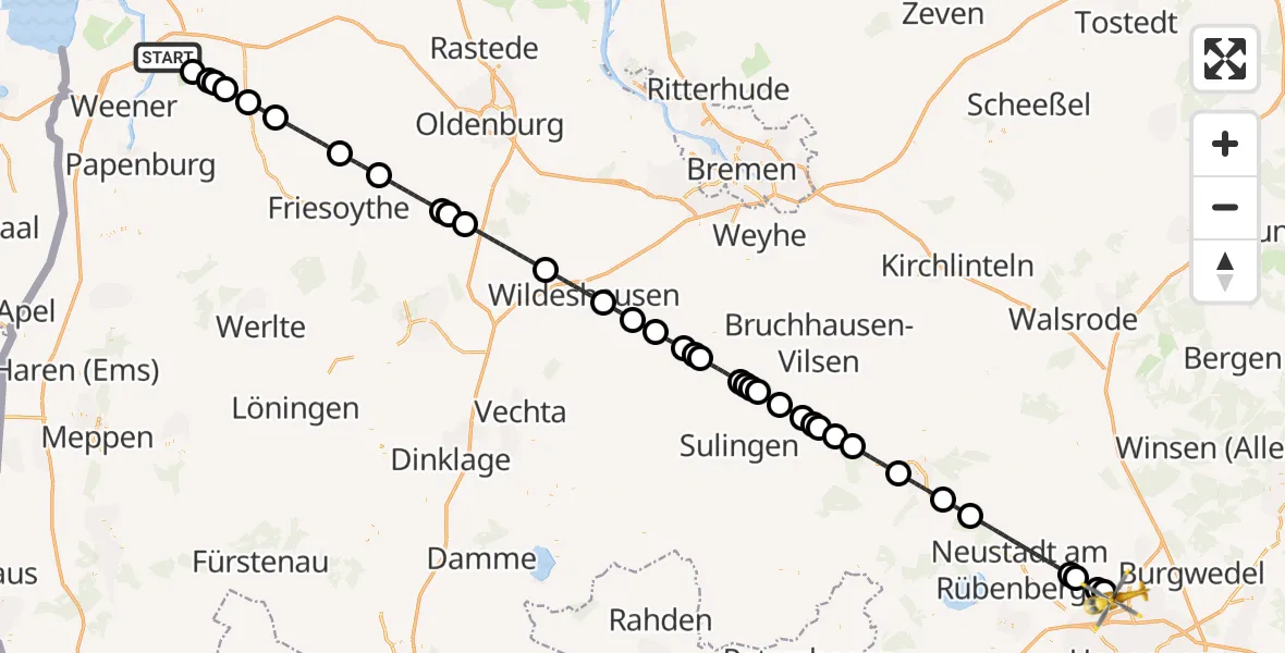 Flugroute Rettungshubschrauber Leer (Ostfriesland) - Flughafen Hannover, 23 Juli 2026, 23:26