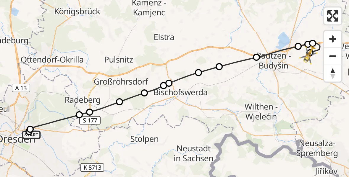 Flugroute Rettungshubschrauber Dresden University Hospital - Bautzen Flugplatz, 23 Juli 2026, 23:35