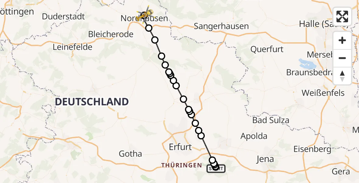Flugroute Ambulanzhubschrauber Bad Berka Central Hospital - Südharz Hospital Nordhausen, 23 Juli 2026, 23:42