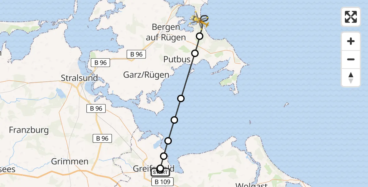 Flugroute Ambulanzhubschrauber Greifswald Hospital - Binz, 23 Juli 2026, 23:45
