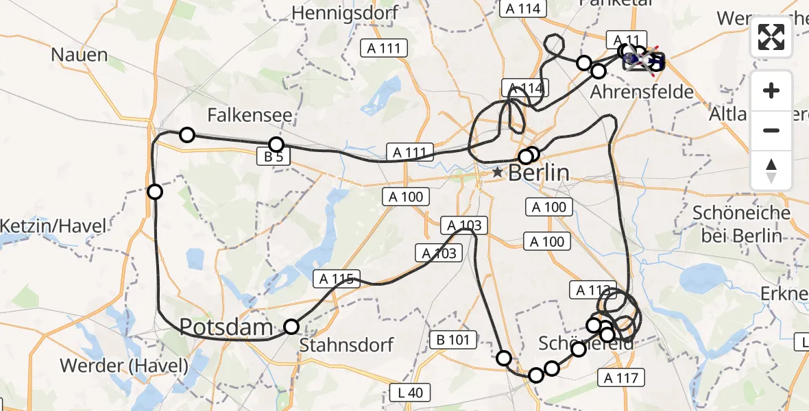 Flugroute Polizeihubschrauber Ahrensfelde Hubschrauberlandeplatz - Ahrensfelde Hubschrauberlandeplatz, 24 Juli 2026, 00:03