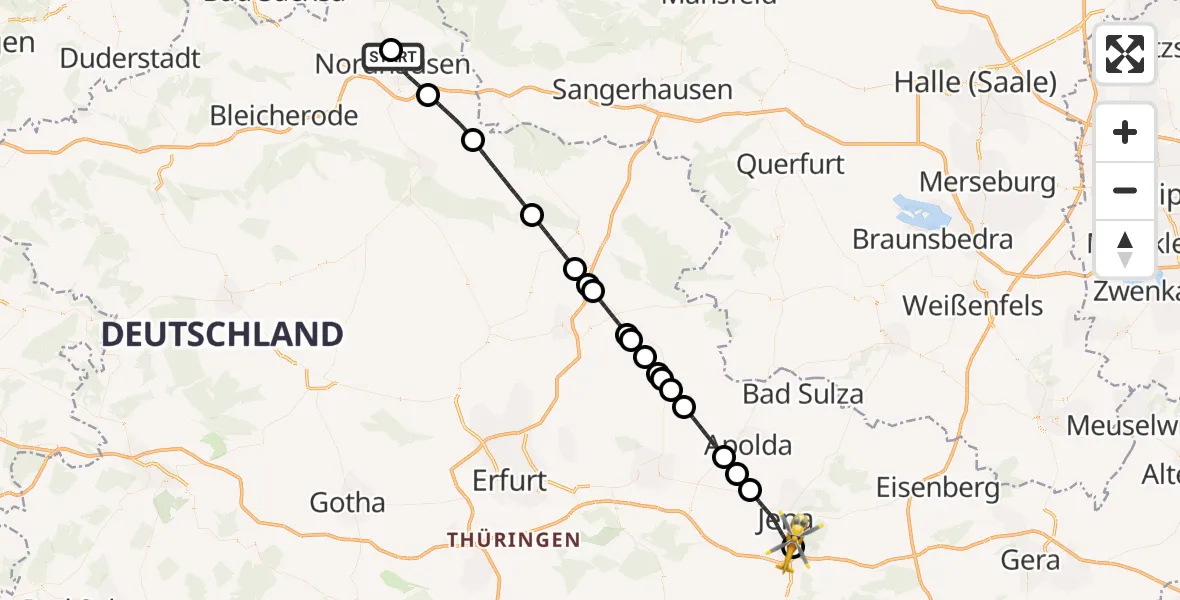 Flugroute Ambulanzhubschrauber Südharz Hospital Nordhausen - Lobeda Hubschrauberlandeplatz, 24 Juli 2026, 00:36