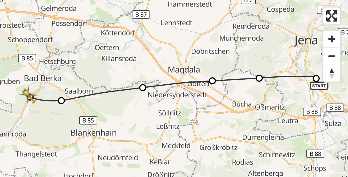 Flugroute Ambulanzhubschrauber Lobeda Hubschrauberlandeplatz - Bad Berka Zentralklinik Hubschrauberlandeplatz, 24 Juli 2026, 01:49