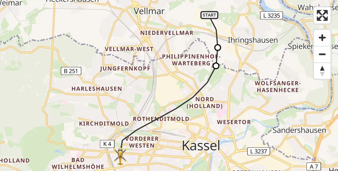 Flugroute Rettungshubschrauber Fuldatal Bundespolizei Hubschrauberlandeplatz - Kassel, 24 Juli 2026, 05:02