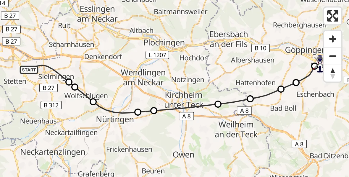 Flugroute Polizeihubschrauber Flughafen Stuttgart - Göppingen, 24 Juli 2026, 05:02