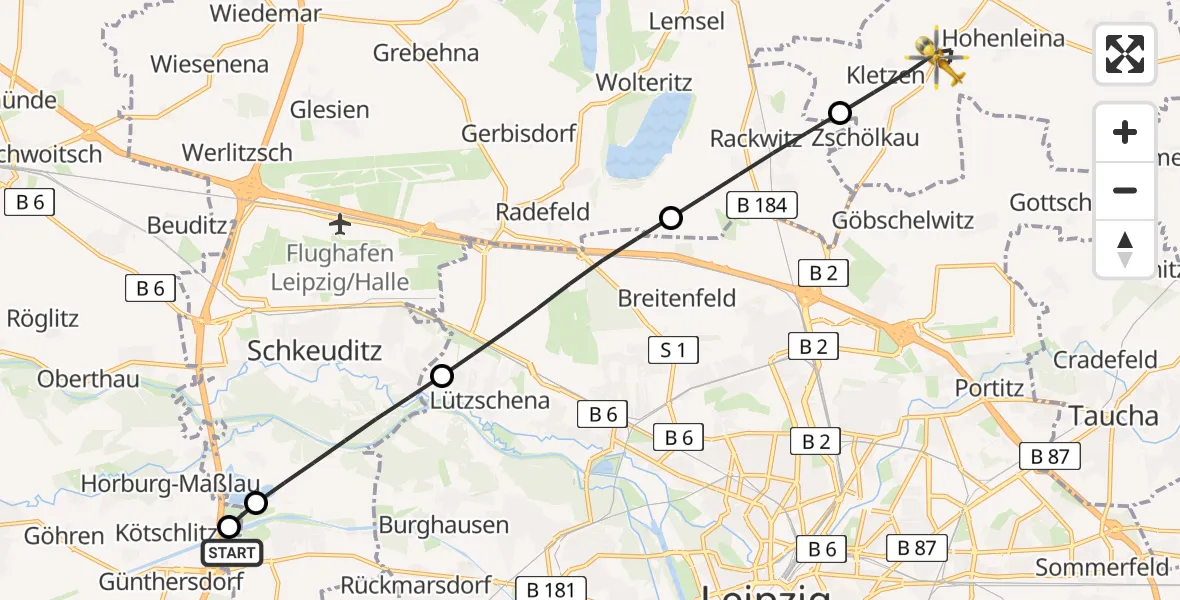 Flugroute Rettungshubschrauber ADAC Air Rescue Station Leipzig/Schkeuditz-Dölzig Hubschrauberlandeplatz (Christoph 61) - Krostitz, 24 Juli 2026, 05:14