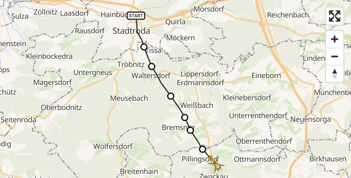 Flugroute Rettungshubschrauber Stadtroda - Rosendorf, 24 Juli 2026, 05:26