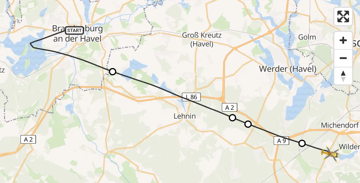 Flugroute Rettungshubschrauber Brandenburg an der Havel - Seddiner See, 24 Juli 2026, 05:28