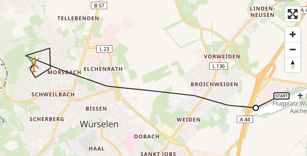 Flugroute Rettungshubschrauber Aachen-Merzbrück Flughafen - Würselen, 24 Juli 2026, 05:30