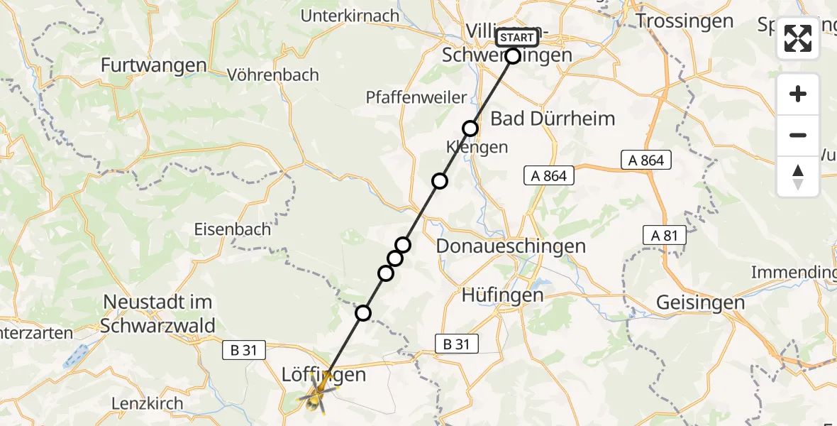 Flugroute Ambulanzhubschrauber DRF Air Rescue Station Villingen-Schwenningen Hubschrauberlandeplatz (Christoph 11) - Löffingen, 24 Juli 2026, 05:37