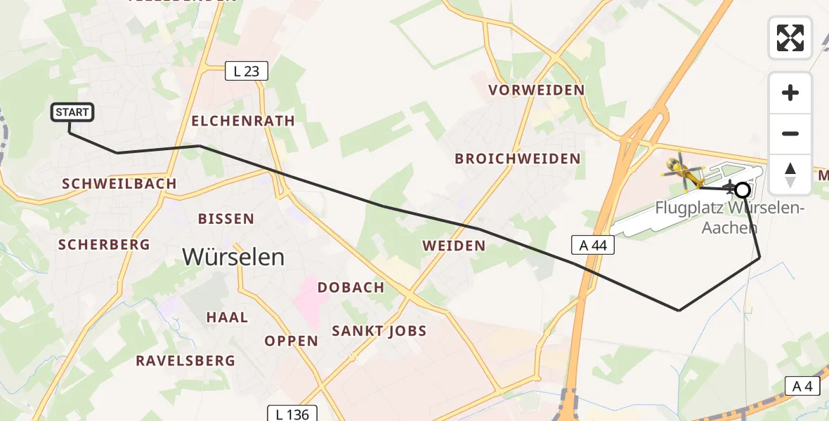 Flugroute Rettungshubschrauber Würselen - Aachen-Merzbrück Flughafen, 24 Juli 2026, 05:37