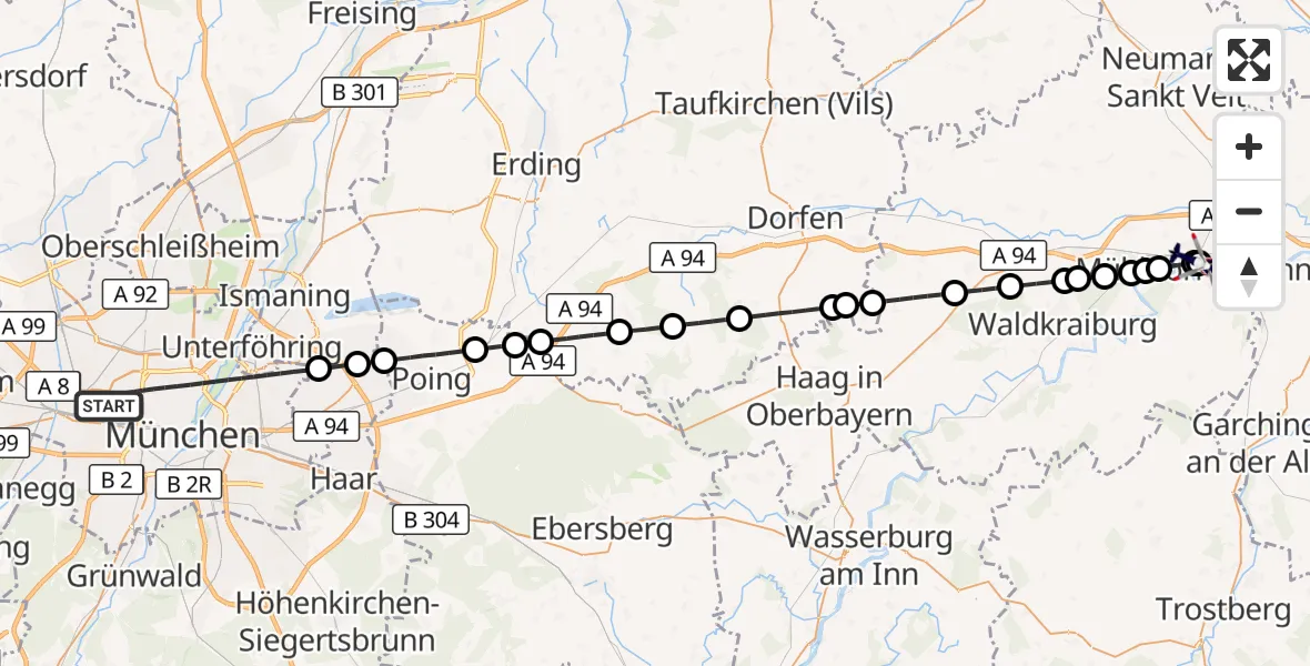 Flugroute Polizeihubschrauber München - Mühldorf am Inn Hospital, 24 Juli 2026, 05:49