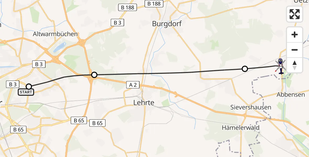 Flugroute Polizeihubschrauber Hannover Luftrettung Hubschrauberlandeplatz (Christoph 4) - Uetze, 24 Juli 2026, 05:55