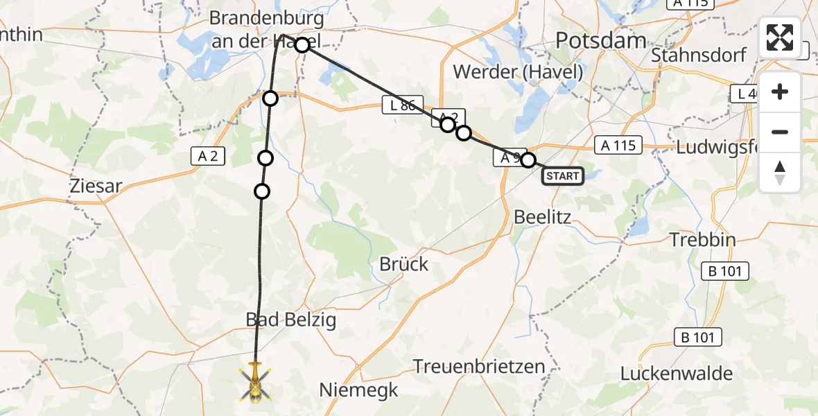 Flugroute Rettungshubschrauber Seddiner See - Wiesenburg/Mark, 24 Juli 2026, 06:10